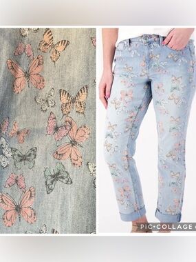 Laurie Felt butterfly print daisy denim relaxed boyfriend straight jeans sz 14p